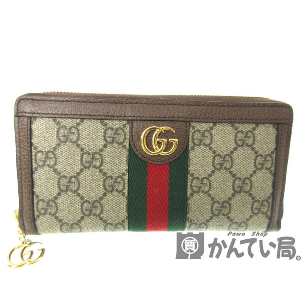 Gucci Zip Around Long Wallet Leather Canvas Brown Green Red